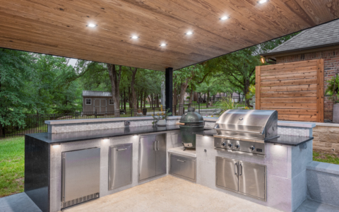 Outdoor barbecue and seating area.